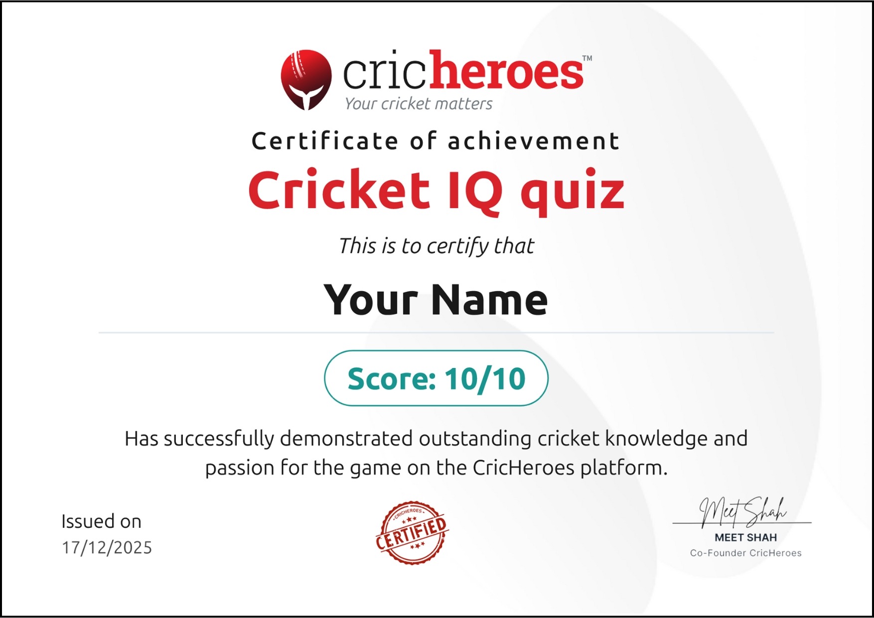 Cricket IQ certificate by CricHeroes