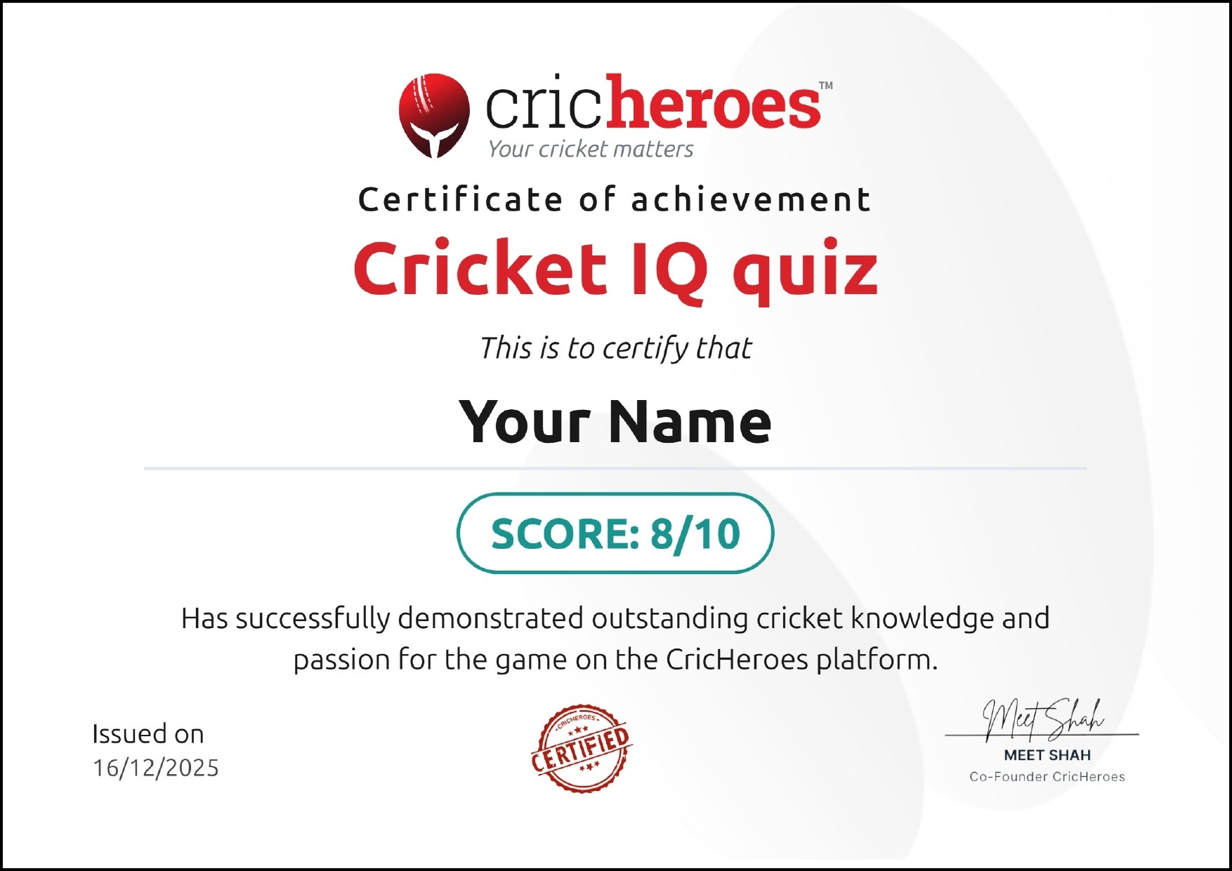 Cricket IQ certificate by CricHeroes